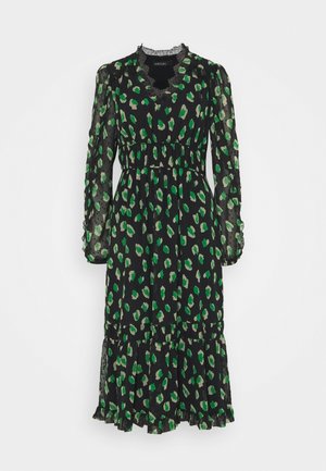 Robe midi noire à manches longues avec taches abstraites vertes et beige, col en V bordé de dentelle, manches bouffantes et ourlet volanté.
