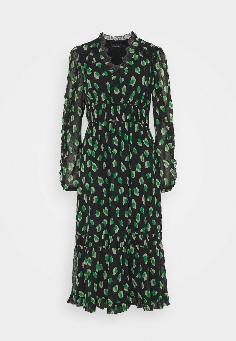 Robe midi noire à manches longues avec taches abstraites vertes et beige, col en V bordé de dentelle, manches bouffantes et ourlet volanté.
