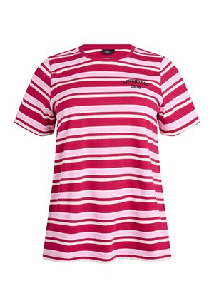 Gestreiftes T-Shirt in Rosa und Weiß mit kurzen Ärmeln, rundem Ausschnitt und schwarzem, gesticktem Schriftzug "Essential 1978".