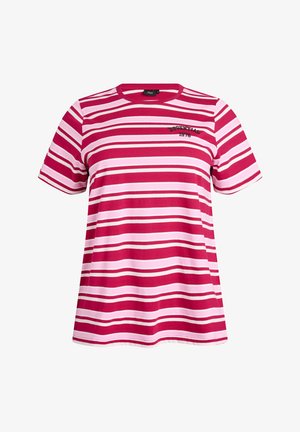 Triibuline roosa-valge t-särk, millel on lühikesed varrukad, ümarlõikega kaelus ja musta värvi tikitud tekst "Essential 1978".