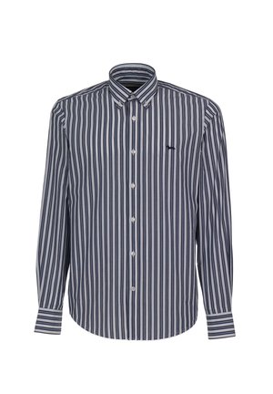 Gestreepte overhemd in marineblauw, wit en lichtblauw; lange mouwen, puntige kraag, met een klein geborduurd logo op de borst.