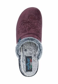 Burgundy suede slipper with floral embroidery, grey faux fur lining, open back design, and durable black rubber sole. FLYFLOT branding visible.
