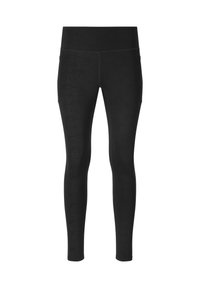 Zwarte hooggetailleerde leggings met een subtiel tonale abstracte patroon, strakke pasvorm en zijzakken, weergegeven tegen een witte achtergrond.
