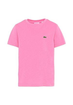 Roze T-shirt met korte mouwen en ronde hals, voorzien van een klein groen geborduurd krokodillenlogo op de linkerborst.