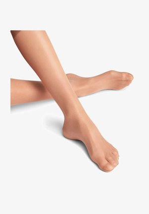Collants beiges transparents avec une texture lisse, présentant un design à bout ouvert, posés sur un fond blanc, mettant en valeur la forme des jambes.