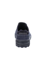 Navy blue athletic shoe with a suede upper, textured rubber outsole, and reinforced heel. Features a padded collar and minimal stitching.