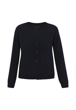 Cardigan bleumarin din țesătură tricotată, cu gât rotund, mâneci lungi și închidere cu nasturi în față. Model texturat subtil pe partea din față.