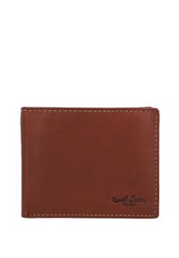 Brown leather bifold wallet with visible stitching and subtle embossed brand logo in the bottom right corner on a white background.