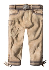 Beige Lederhosen mit dekorativen Nähten, Hüfttaschen, einer silbernen Gürtelschnalle und gebundenen Akzenten an den Knöcheln mit Knopfdetails.