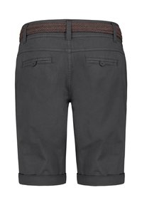 Grau Baumwollshorts mit einem gewebten braunen Bund, zwei Gesäßtaschen mit Knöpfen und umgeschlagenen Saumumschlägen.