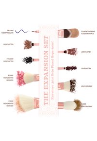 Makeup brush set displayed vertically, featuring various brush shapes. Handles are rose gold; bristles are soft and white. Includes product names.