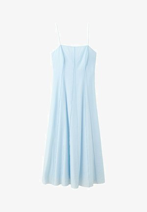 Vestido midi azul claro sin mangas con finos tirantes de espagueti y un corpiño ajustado que se ensancha en una falda en línea A.