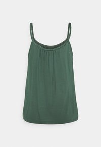 Haut sans manches vert avec un corsage froncé, des bretelles tressées et un col arrondi. Fabriqué en tissu doux et léger avec une texture lisse.