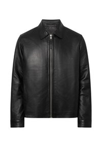 Chaqueta negra de cuero con cremallera frontal plateada, cuello clásico, mangas largas y un diseño liso y minimalista.