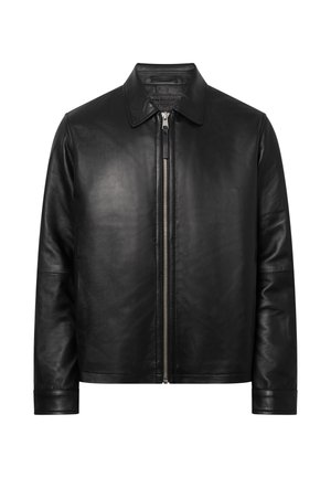 Sort læderjakke med en sølvfarvet lynlås foran, klassisk krave, lange ærmer og et glat, minimalistisk design.