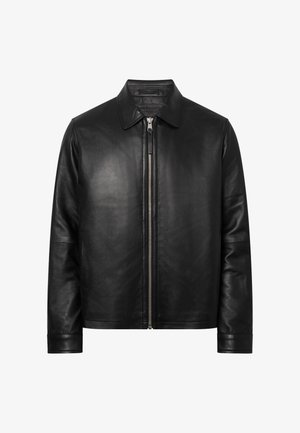 Black leather jacket with a front silver zipper, classic collar, long sleeves, and a smooth, minimalist design.