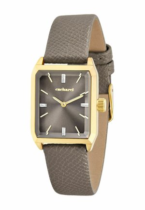 Zegarek na rękę o kwadratowej, złoconej kopercie z brązowym skórzanym paskiem o fakturze i ciemną tarczą w stylu sunburst, pokazujący godzinę 10:10.