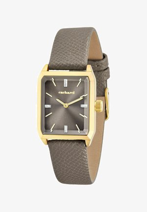 Orologio da polso quadrato in tono oro con cinturino in pelle marrone testurizzata e quadrante scuro a raggiera che mostra l'ora 10:10.