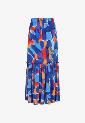 Värvikas, mustriline seelik, millel on abstraktsed kujundid sinises, oranžis ja lillakas. Sellel on elastne vöökoht ja volangiline ääreosa.