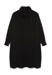 Maglione nero oversize con collo a sciarpa e maniche a tre quarti. Realizzato in tessuto morbido e testurizzato; l'orlo è arrotondato nella parte inferiore.