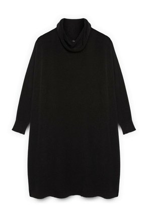 Maglione nero oversize con collo a sciarpa e maniche a tre quarti. Realizzato in tessuto morbido e testurizzato; l'orlo è arrotondato nella parte inferiore.