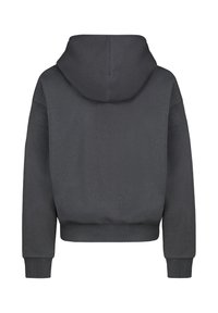 Dark gray hoodie featuring a large hood, ribbed cuffs, and hem, with a smooth texture and a simple, minimalist design.