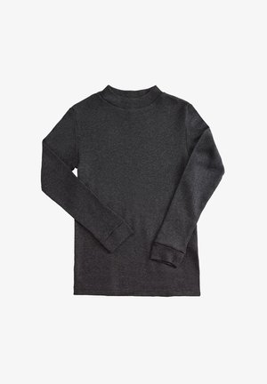 Camiseta de manga larga de color gris oscuro, hecha de tela suave, con cuello redondo, corte recto y puños acanalados.