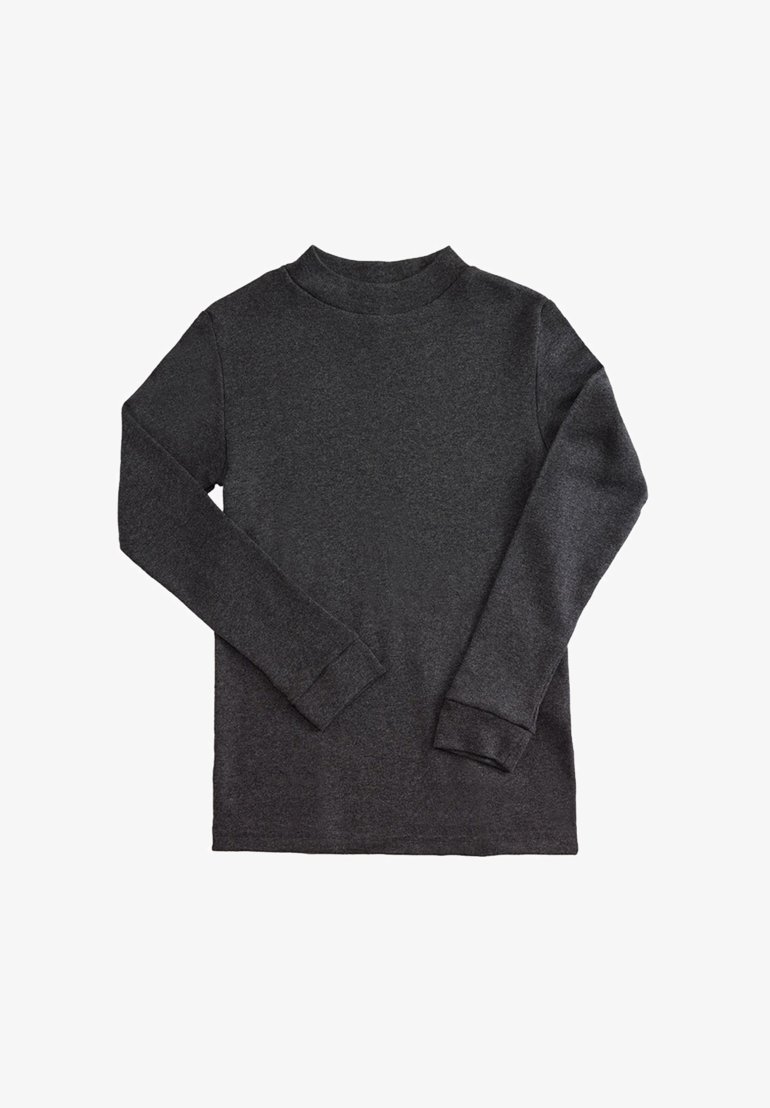 Camiseta de manga larga de color gris oscuro, hecha de tela suave, con cuello redondo, corte recto y puños acanalados.