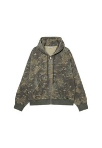 Sudadera con cremallera de camuflaje, confeccionada con una suave mezcla de tejidos, con bolsillos frontales, puños acanalados y capucha con cordón, que presenta sutiles variaciones de color.