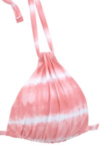Šviesiai rožinė tie-dye bikini viršutinė dalis su tekstūruotu paviršiumi, pasižyminti surinktu centru ir reguliuojamomis petnešėlėmis, leidžiančiomis pritaikyti tinkamumą.