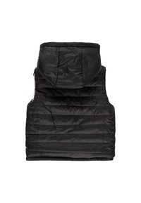 Czarna, pikowana kamizelka z kapturem, z poziomymi przeszyciami i gładką, błyszczącą fakturą. Brak widocznych zapięć z przodu.