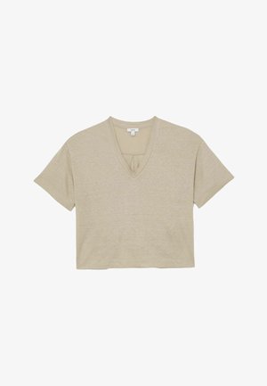 Tricou bej cu mâneci scurte, cropt, cu guler în V, așezat pe o suprafață albă.