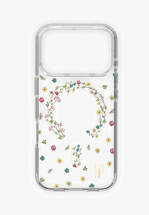 Läpinäkyvä puhelinkuori, jossa pieni monivärinen kukkakuvio ja "Ideal of Sweden" -kultalogo alalaidan oikeassa kulmassa.