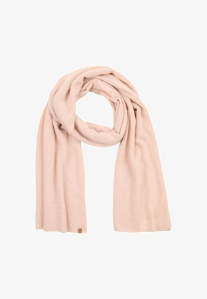 Lyserød strikket tørklæde med en blød tekstur, der har et ribbet design og et lille mærketag i den ene ende.