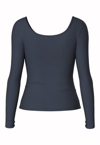 Mörkblå långärmad topp i ribbat tyg, med en rundad halsringning och figurnära passform, med åtsittande ärmar som smalnar av vid handleden.