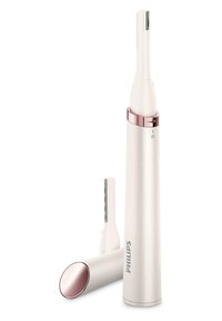Tondeuse électrique Philips avec un corps cylindrique blanc et des accents en or rose. Elle dispose d'une tête de coupe de précision et d'un indicateur de puissance.
