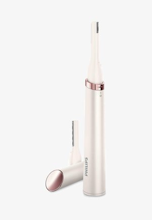Philips elektrische trimmer met een cilindrisch witte behuizing en roségouden accenten. Voorzien van een precisiesnedenkop en een voedingindicator.