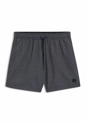 Navy blue swim shorts with a geometric pattern, elastic waistband, drawstring, and a small black label on the lower left side.