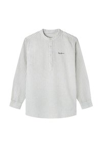 Camicia a maniche lunghe grigio chiaro con righe verticali, collo a costine, placket con cinque bottoni e ricamo del logo discreto sul petto.