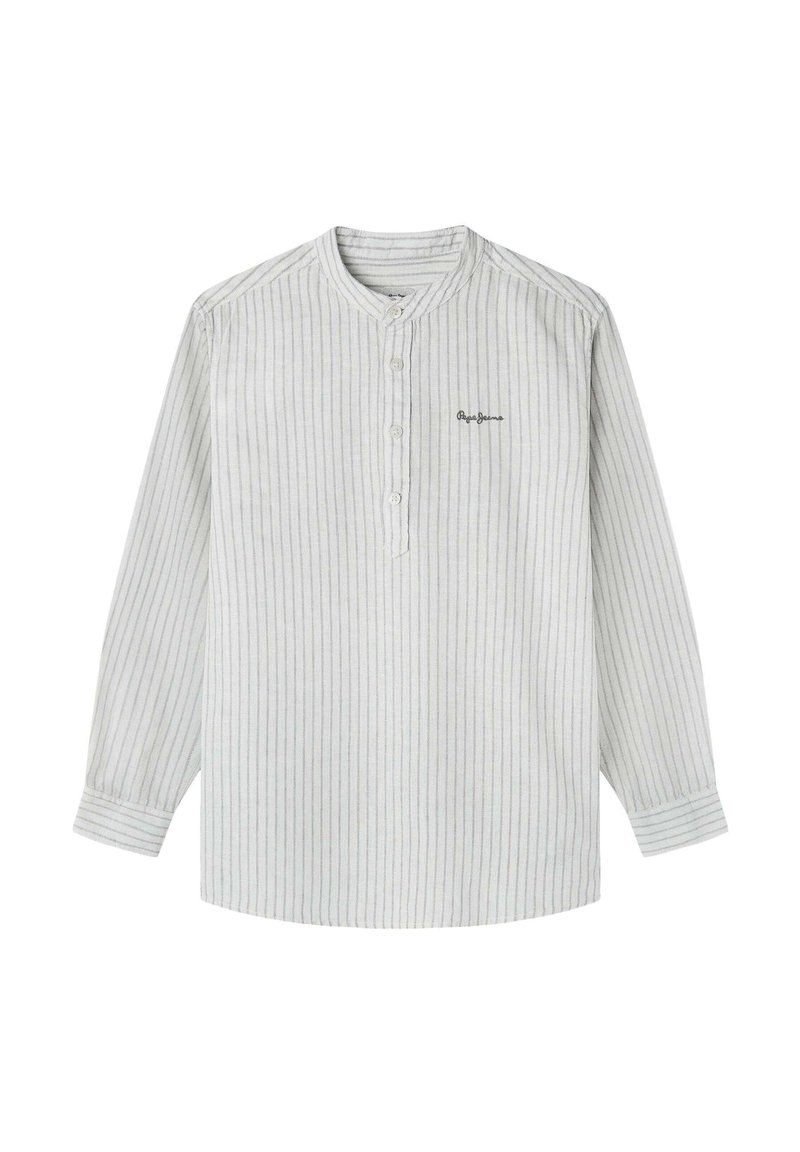 Camicia a maniche lunghe grigio chiaro con righe verticali, collo a costine, placket con cinque bottoni e ricamo del logo discreto sul petto.