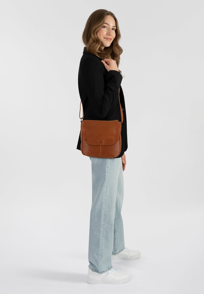 Borsa a spalla in pelle marrone con chiusura a pattina, design piatto e tracolla regolabile, indossata in modo informale con jeans azzurri chiari e sneakers bianche.
