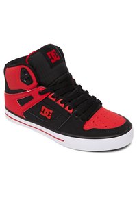 High-top sneakers in black and red leather, featuring a perforated toe box, thick black laces, and a white rubber sole with red accents.