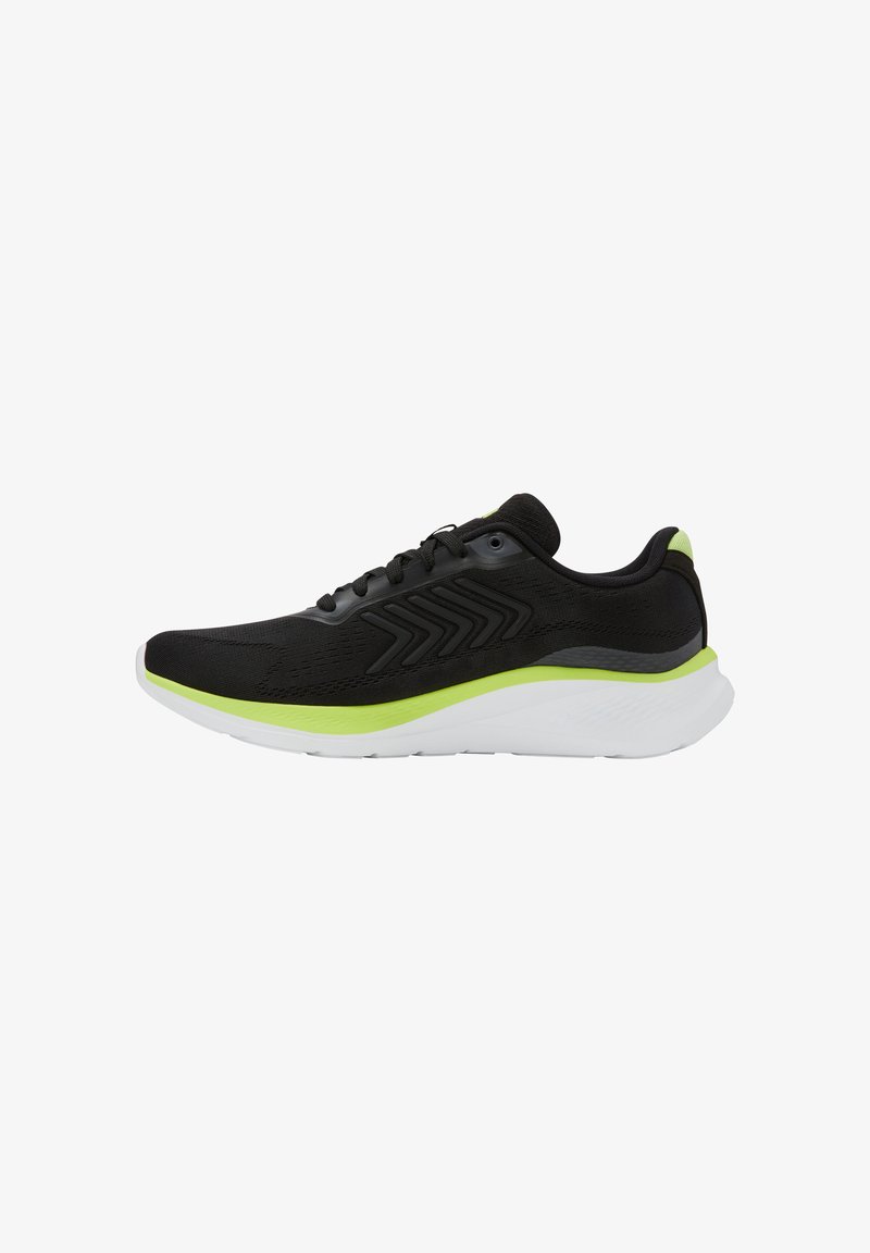 Black athletic shoe with lime green midsole accent, white sole, and black chevron details on the side, viewed from the outer side.
