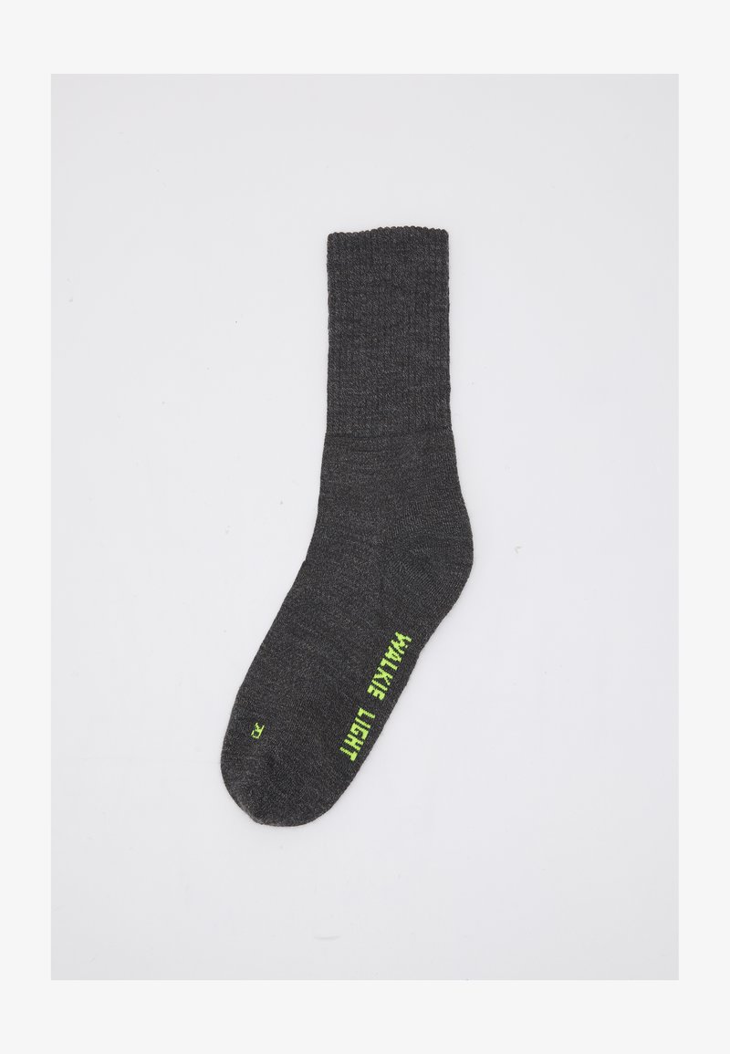Gray sock made of a soft material, featuring a ribbed cuff and a neon green "WALK LIGHT" text on the side. Smooth texture throughout.