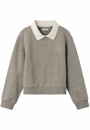 Szara bluza z długim rękawem z białym kołnierzem i małym sercowatym logo na lewej piersi. Mankiety i dół bluzy wykończone ściągaczami.