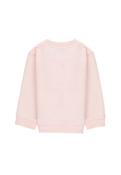 Felpa a maniche lunghe rosa chiaro con polsini e orlo a coste, mostrata da dietro su uno sfondo bianco.