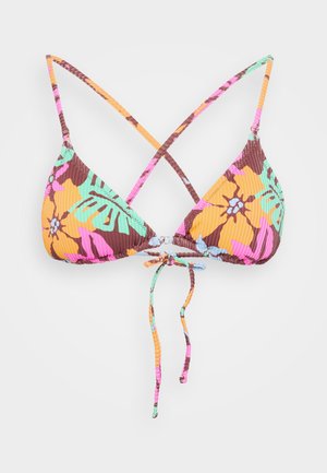 Striped bikini top with a floral pattern in brown, orange, pink, and mint green. Features adjustable straps and a tie closure at the front.