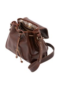 Borsa a secchiello in pelle marrone con finitura testurizzata, dotata di chiusura con laccio, fodera a quadri e tracolla staccabile.