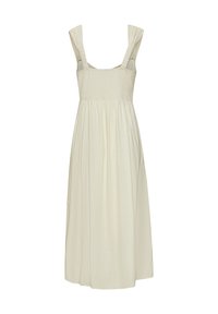 Helles elfenbeinfarbenes Kleid mit einem gerafften Mieder, breiten Schulterträgern und einem schwingenden Rock. Hergestellt aus einem strukturierten, leichten Stoff.