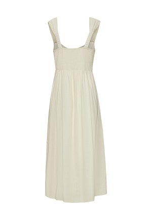 Helles elfenbeinfarbenes Kleid mit einem gerafften Mieder, breiten Schulterträgern und einem schwingenden Rock. Hergestellt aus einem strukturierten, leichten Stoff.